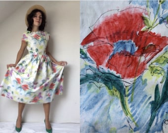 Midcentury Dress, 1950s Dress, Novelty Print Dress, Full Skirt Dress, Poppy Print Fabric