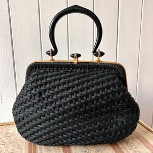 1960er Jahre Schwarz Cord gewebt Handtasche Metall Fermoir Rahmen Kunststoff Griff oben