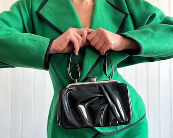 1940er Jahre Schwarze Glänzende Vinyl Mini Tasche - Art Deco Handtasche - Steel Fermoir - Fetisch Tasche