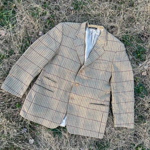 Vintage des années 90 MULBERRY beige pied-de-poule Tweed laine hommes blazer taille grande preppy décontracté à carreaux veste de costume image 2