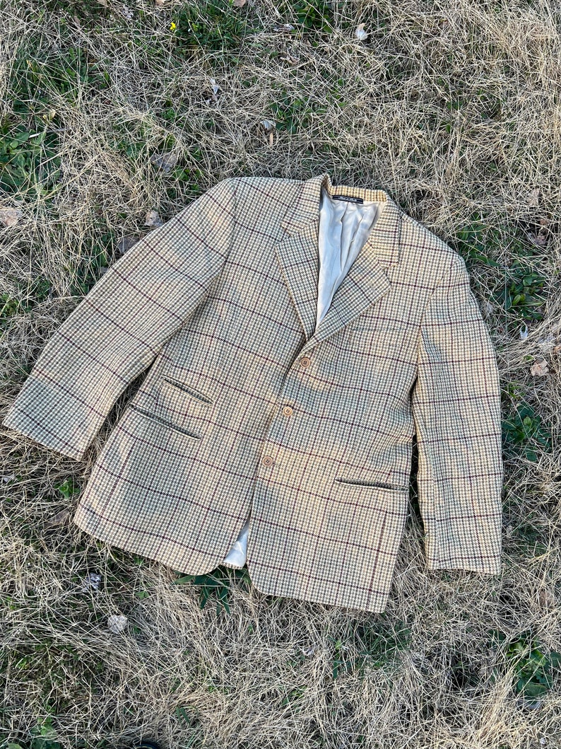 Vintage des années 90 MULBERRY beige pied-de-poule Tweed laine hommes blazer taille grande preppy décontracté à carreaux veste de costume image 2