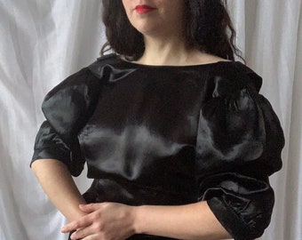 80s Black Satin Dress ETAM Size Small EU36 | Open Back | Side Slit | Frills | Puff Seeves