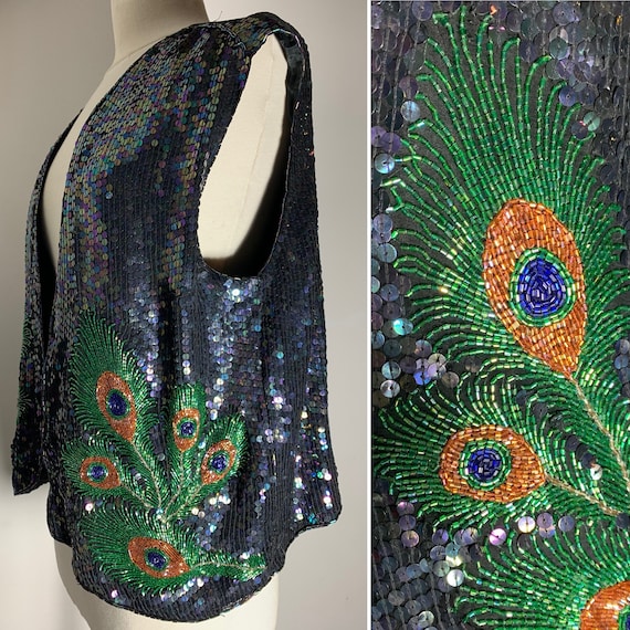 1980s Sequin Embroidered Vest with Peacock, Enbro
