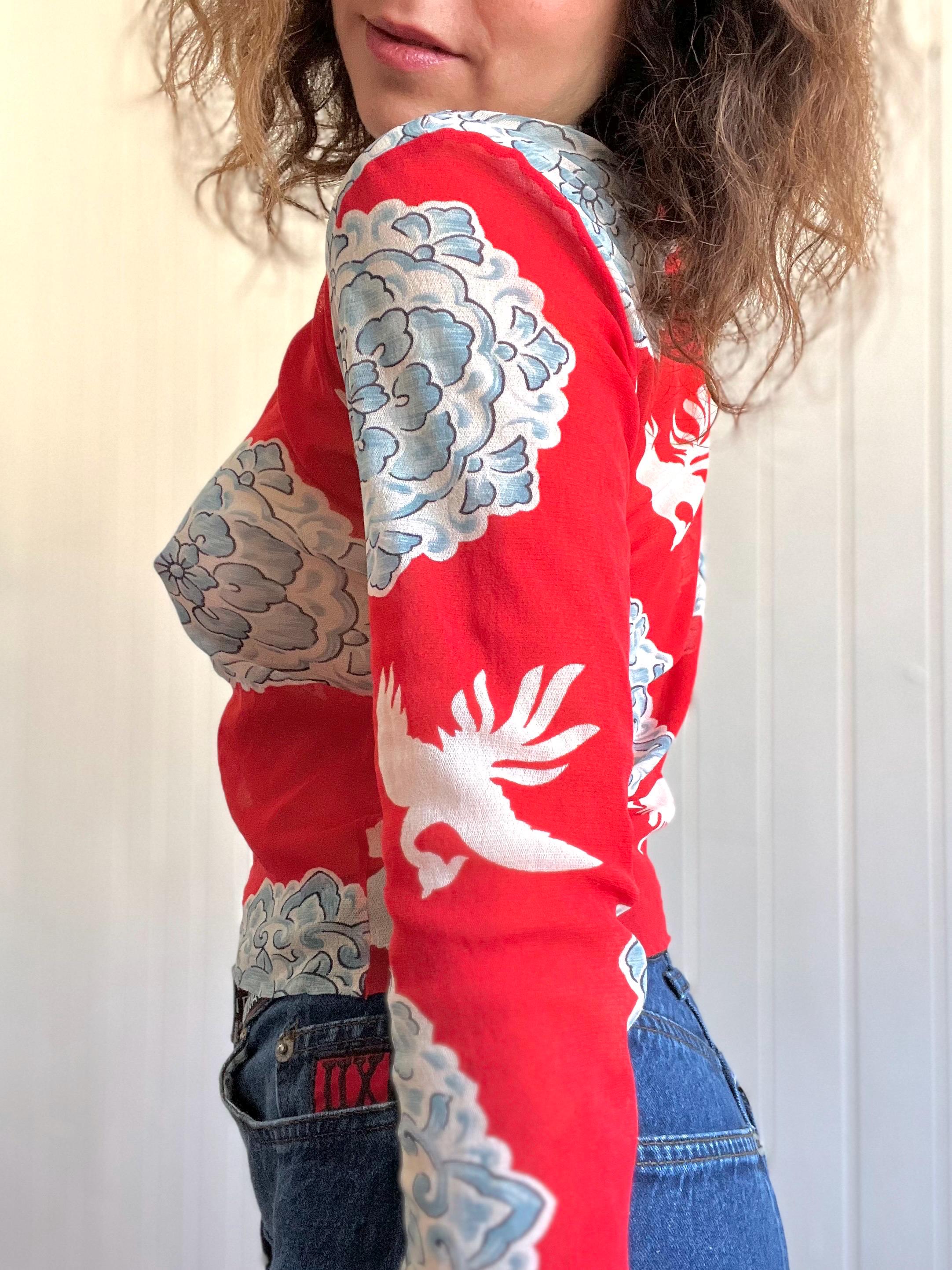 トップス 90s KENZO Vintage Gather Sheer Mesh Tops 90s KENZO Red Sheer MESH Longsleeve Top With JAPANESE Floral