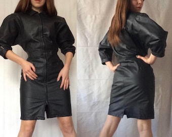 VINTAGE 1980s Black LEATHER Balloon Sleeve Dress Made in Germany Size Small Batwing Cut Narrow Pencil Skirt Fetish Gothic Dress