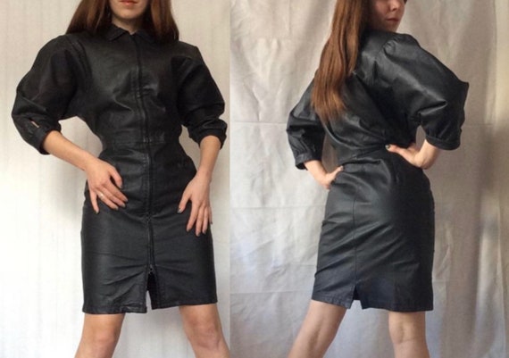 1980s Black LEATHER Dress, Leather Balloon Sleeves