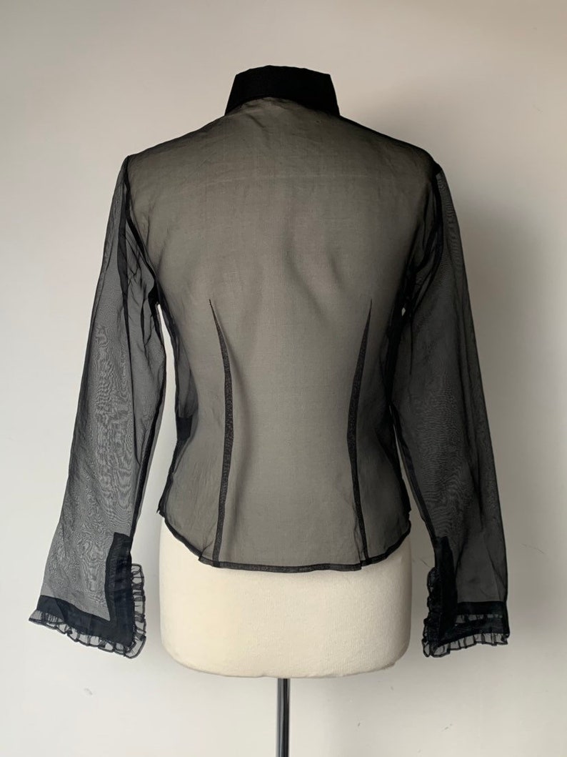 Silk Blouse Solit Sleeves Black Organza Blouse Bell Sleeves Transparent Blouse Vintage 90/'s Blouse Romantic Blouse Frilled Blouse