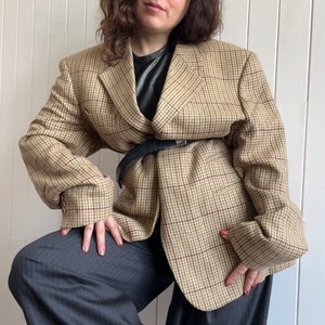 Vintage des années 90 MULBERRY beige pied-de-poule Tweed laine hommes blazer taille grande preppy décontracté à carreaux veste de costume image 5