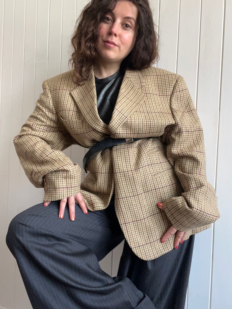 Vintage des années 90 MULBERRY beige pied-de-poule Tweed laine hommes blazer taille grande preppy décontracté à carreaux veste de costume image 5