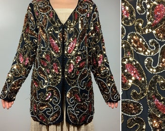 Vintage 80s SEQUINED Paisley JACKET Size Medium  SILK Embroidered Good Pink Beaded Evening Blazer Size Medium Cocktail Party Blazer