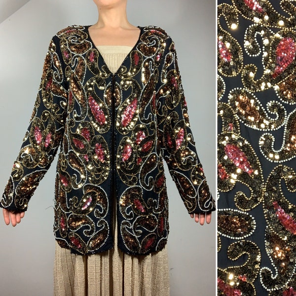 Vintage 80s SEQUINED Paisley JACKET Size Medium  SILK Embroidered Good Pink Beaded Evening Blazer Size Medium Cocktail Party Blazer