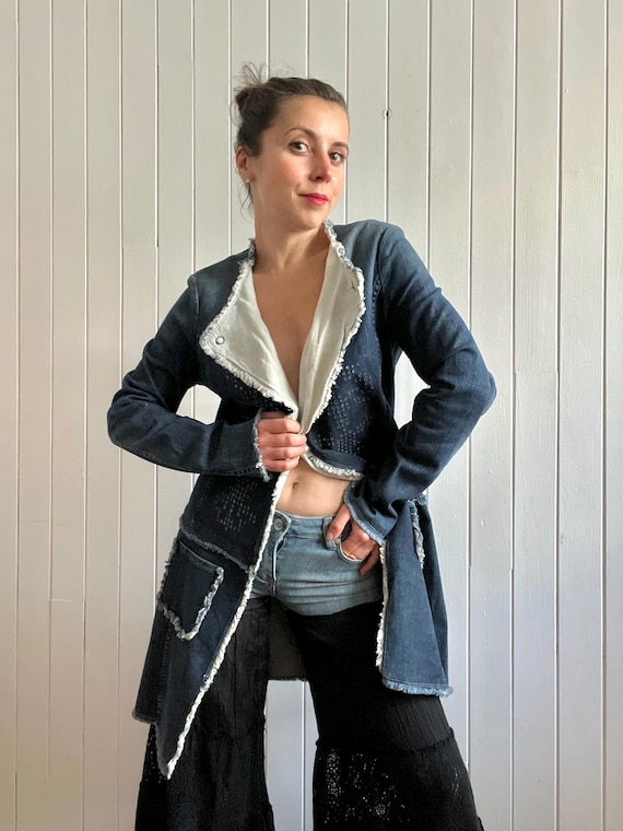 Vintage Trussardi Jeans Denim Duster Coat Y2K Fringed