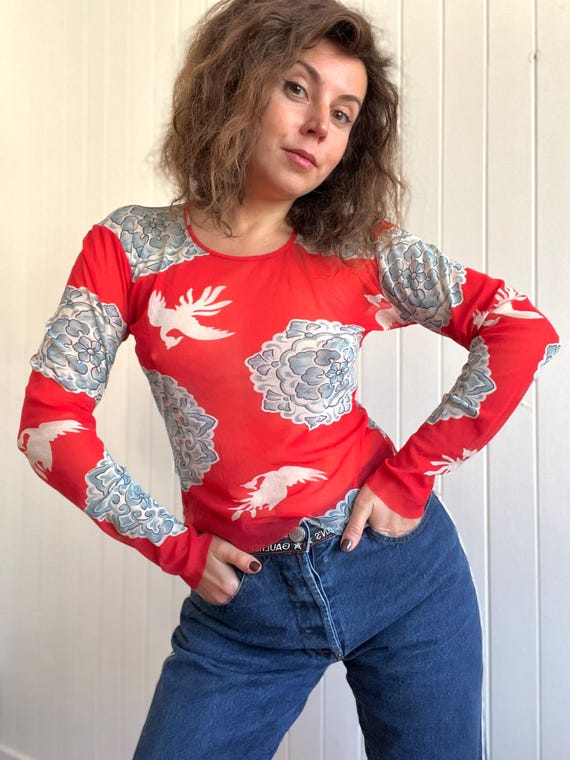 90s KENZO Red Sheer MESH Longsleeve Top With JAPANESE Floral