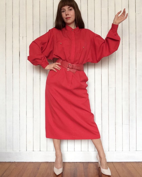 Vintage 80s LOUIS FERAUD Red Woolen Military Dres… - image 8