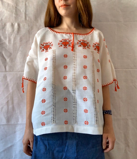 1970s Folk Blouse, Embroidered Blouse, Drawn Threa