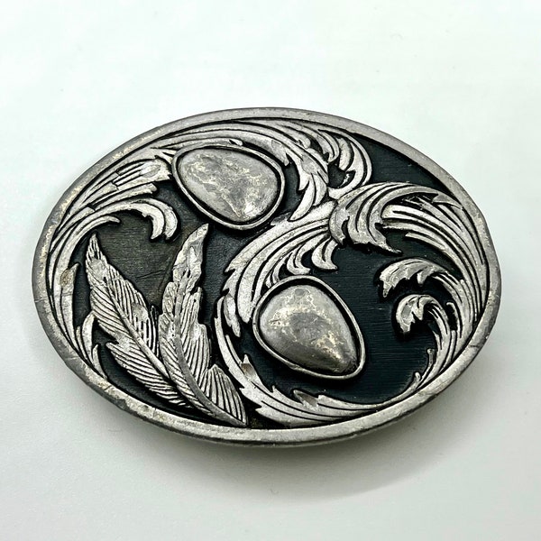 Vintage 1996 Western Style Oval BELT BUCKLE SiskiYou Made in USA American Native Style Feathers Design