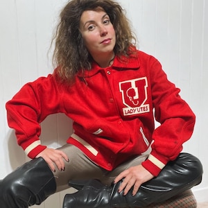 LADY UTES Vintage Red Wool Varsity Jacket College Bomber Size Large