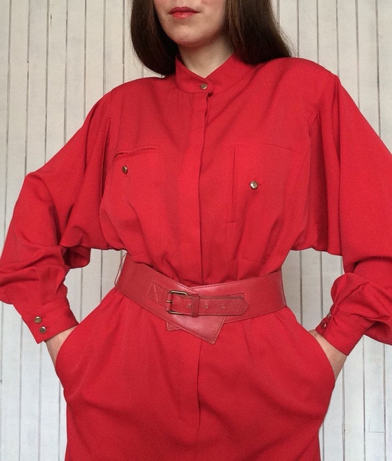 Vintage 80s LOUIS FERAUD Red Woolen Military Dres… - image 4