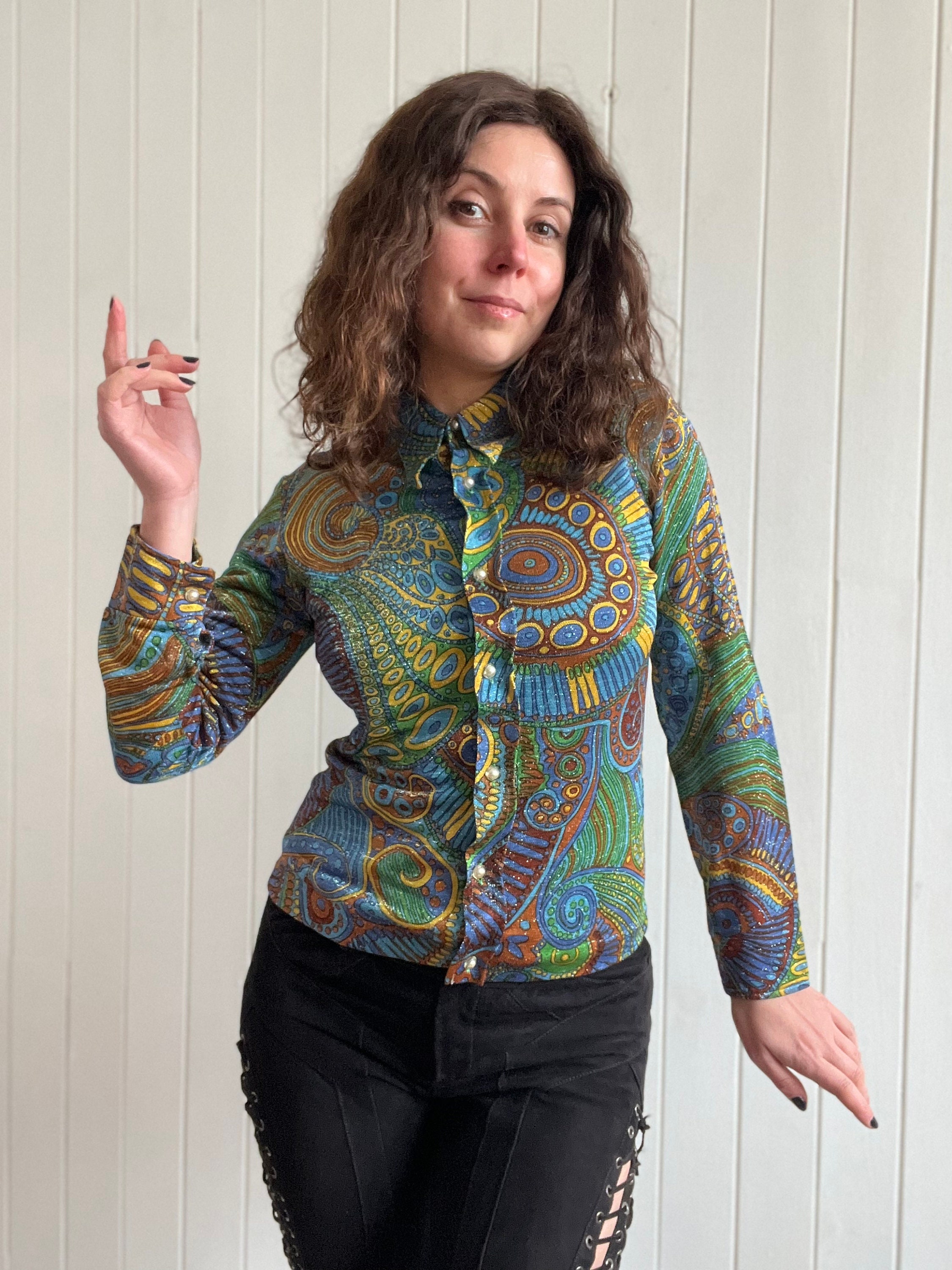 Vintage 70s Lurex Knit Blouse - Mod French Shirt With Pearl