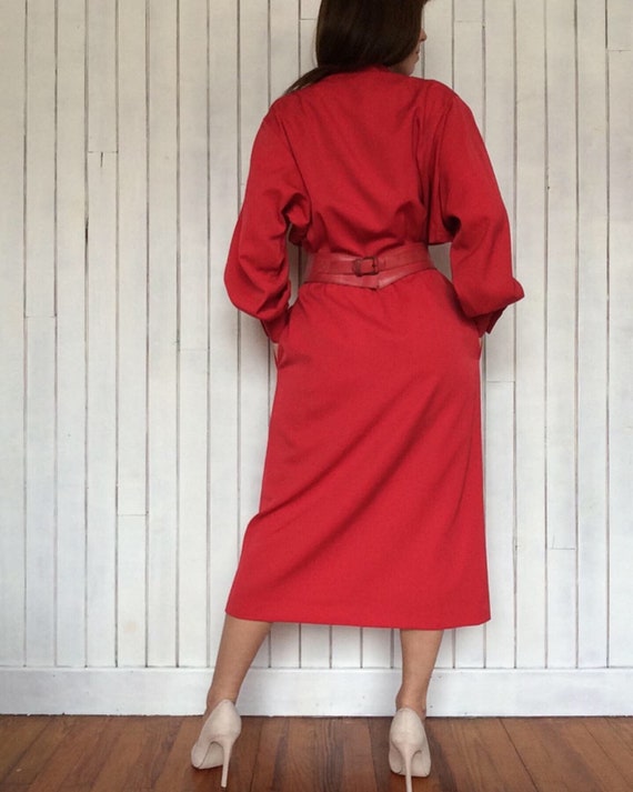 Vintage 80s LOUIS FERAUD Red Woolen Military Dres… - image 3