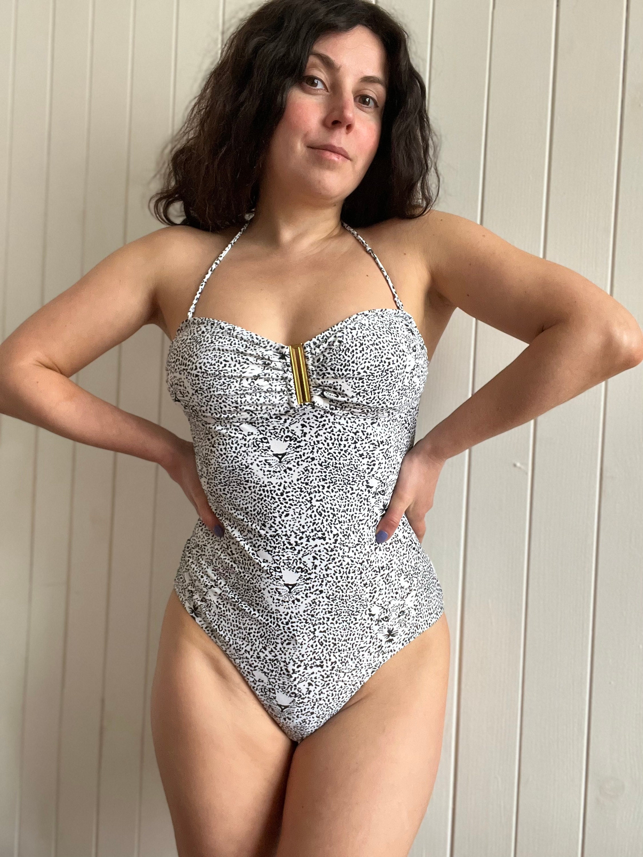 Vintage 90s One-piece Swimsuit Black White Animal Print Bathing