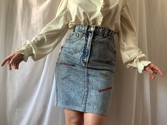 80s Acid Wash Denim Jean Skirt Designer Logi Embroidery YVES