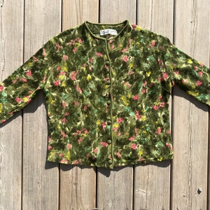 50s 60s Green Woolen Cardigan Made in France Artsy Abstract Pattern Button Down Midcentury Knitted Top Size Small Medium image 2