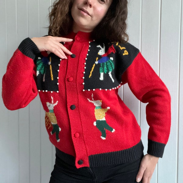 Années 80 années 90 RENE DERHY Cardigan tricoté Lapins Motif vintage Cardigan de Noël Taille Petit Pull de Noël laid