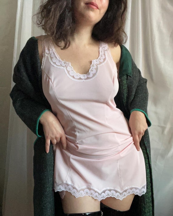 Vintage Pink Fleece Nylon Slip Dress, 60s 70s Ret… - image 5