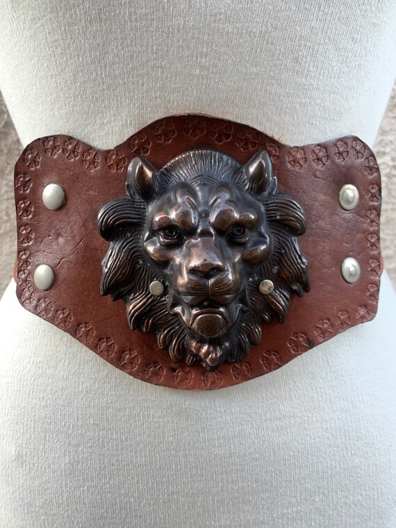 Vintage Tooled Leather Belt, Lion Head Belt Buckle