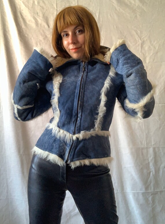 1990s Y2K Blue Sheepskin Jacket Size Small