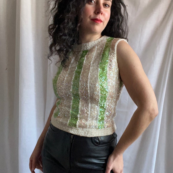 50s 60s Woolen Beaded Sequin Embroidered Top. White Green Striped Woolen Cocktail Blouse. Size Small