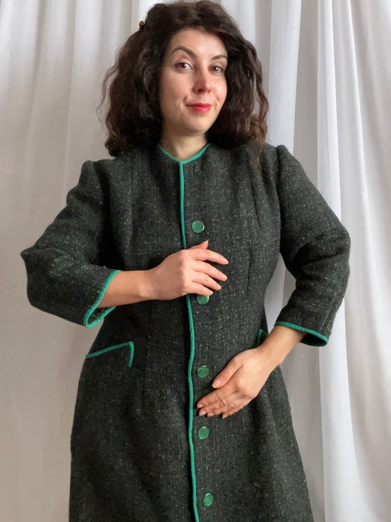 Vintage 50s 60s Dark Green Woolen Coat Midcentury… - image 3
