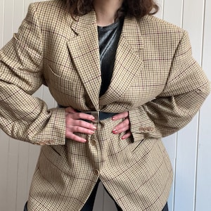 Vintage des années 90 MULBERRY beige pied-de-poule Tweed laine hommes blazer taille grande preppy décontracté à carreaux veste de costume image 1