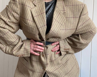 Vintage 90s MULBERRY Beige Houndtooth Tweed Woolen Hombres Blazer Tamaño Grande Preppy Casual Checked Traje Chaqueta