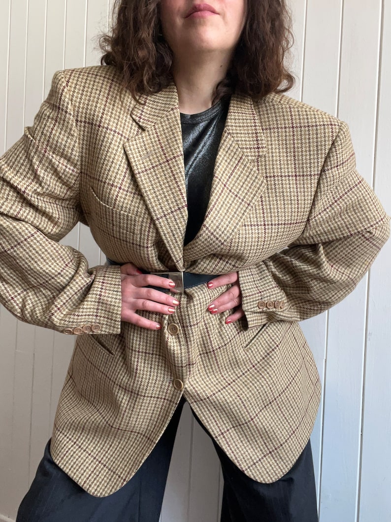 Vintage des années 90 MULBERRY beige pied-de-poule Tweed laine hommes blazer taille grande preppy décontracté à carreaux veste de costume image 1