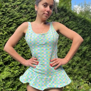 Turquoise Checked One-Piece Swimsuit with Skirt - 50s 60s Retro Mod Style