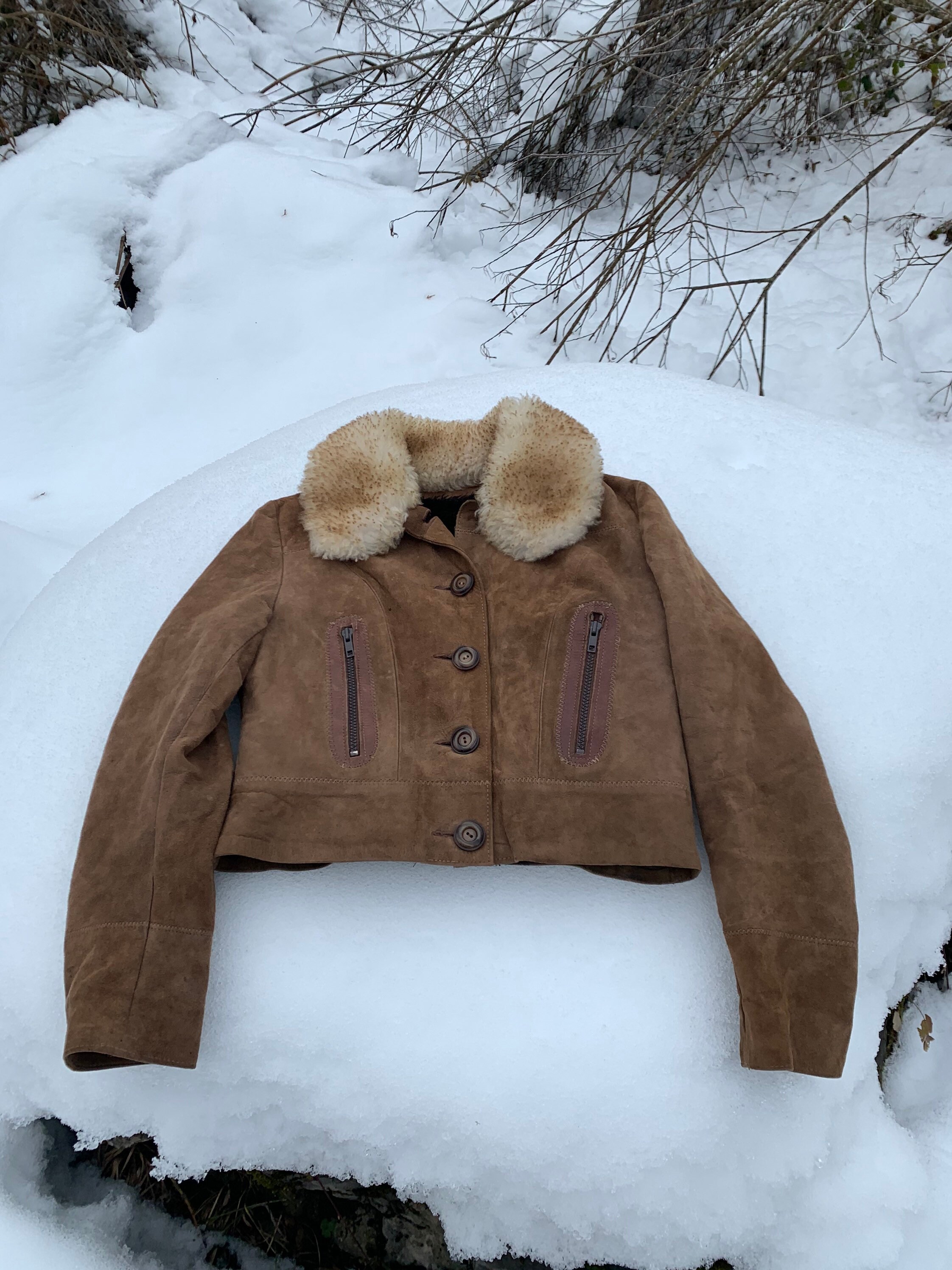 【THEAIRTOWN】vintage suede crop coat★ 60s 70s Suede Crop Jacket | Size S | Sheep Skin Collar