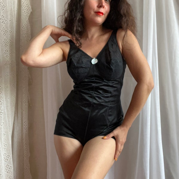 70s French Black Shaping Bodysuit CHANTELLE New Old Stock Low Cut Girdle. Retro Lingerie