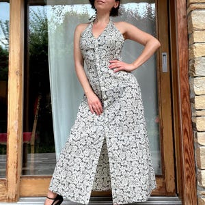 CACHAREL Floral Cotton Buttoned Dress - Vintage Halter Neck Summer Dress - Size Medium