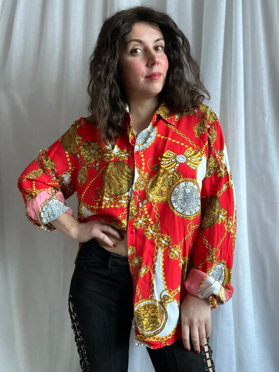 Vintage 90s Red Yellow Viscose Shirt Blouse Heral… - image 1