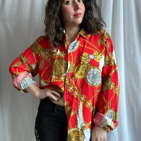 Vintage 90s Red Yellow Viscose Shirt Blouse Heraldry Print Jewellery Chain Fob Watch Print