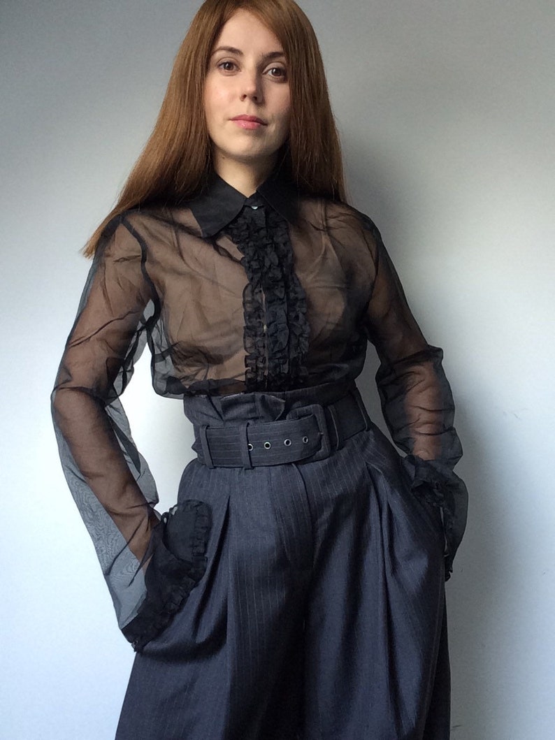 Silk Blouse Solit Sleeves Black Organza Blouse Bell Sleeves Transparent Blouse Vintage 90/'s Blouse Romantic Blouse Frilled Blouse