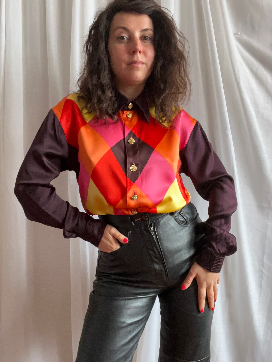 80s Harlequin SILK Blouse. LOUIS FERAUD. Argyle Print Shirt. Etsy UK