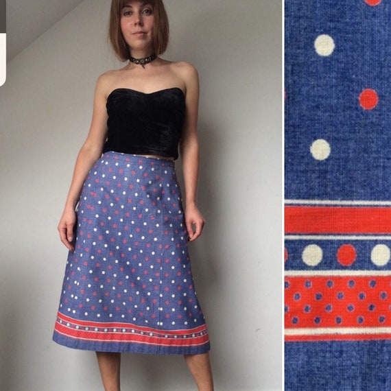 70s Blue Red Cotton Summer Skirt POLKA DOT Patter… - image 1