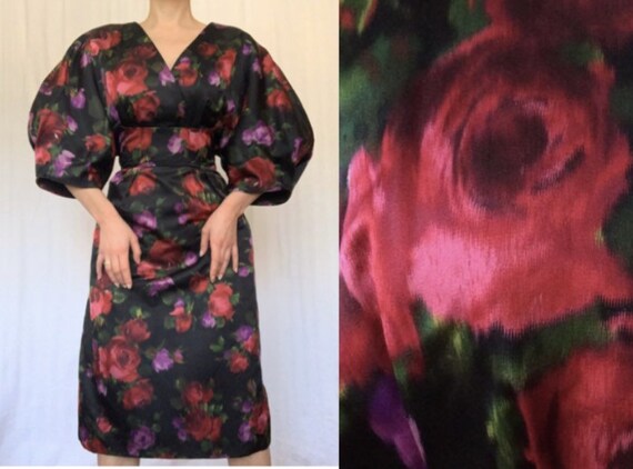 1950s Cotton Dress with ROSES, IKAT Dress, DOLMAN
