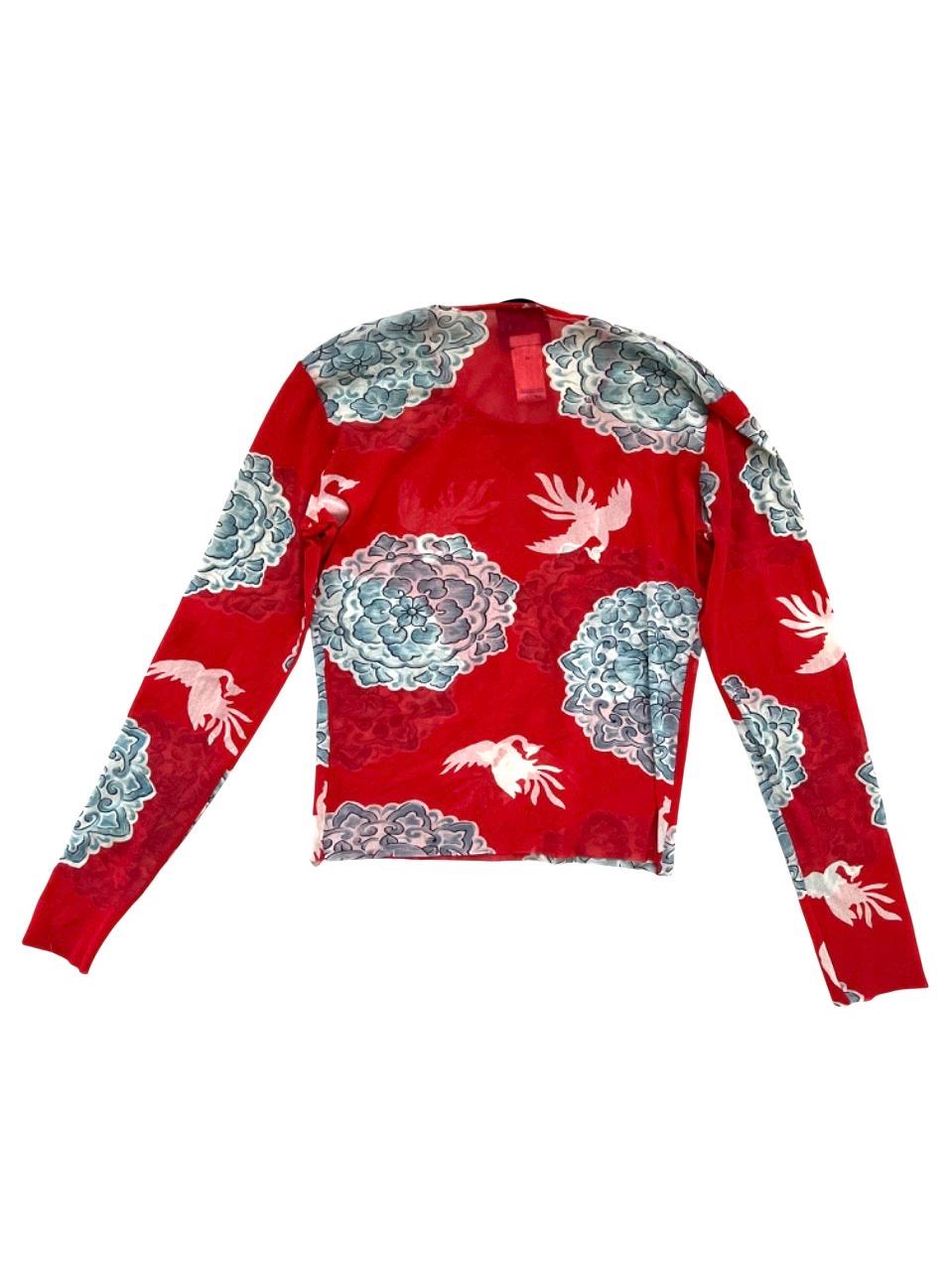 90s KENZO Red Sheer MESH Longsleeve Top With JAPANESE Floral