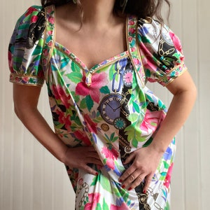 70s PRINCE CARMINO Summer Dress Vintage Vacation Dress Puff Sleeve Kaftan Fob Watch Print