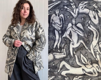 Vintage Cotton Padded Blazer Coat with Monochrome Angels Print Marc Chagall Art Size Medium Tailor Made Warm Jacket