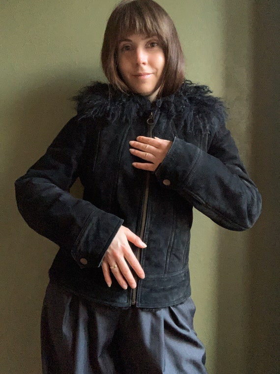 Y2K Suede Jacket with afghan fur collar, MNG, afgh